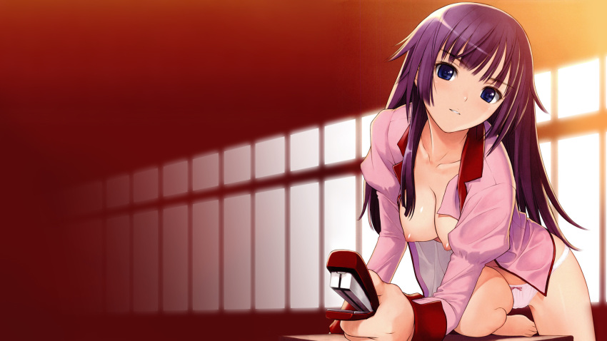 16:9 1girls blue_eyes bow breasts collarbone female female_only highres leaning_forward long_hair monogatari_(series) nipples open_clothes open_shirt panties puffy_nipples purple_hair school_uniform senjougahara_hitagi smile solo stapler taka_tony underwear wallpaper