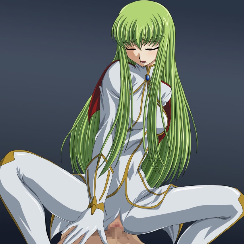 c.c. censored closed_eyes code_geass danna female green_hair highres long_hair no_panties on_top open_mouth sex spread_legs teeth tongue vaginal_penetration