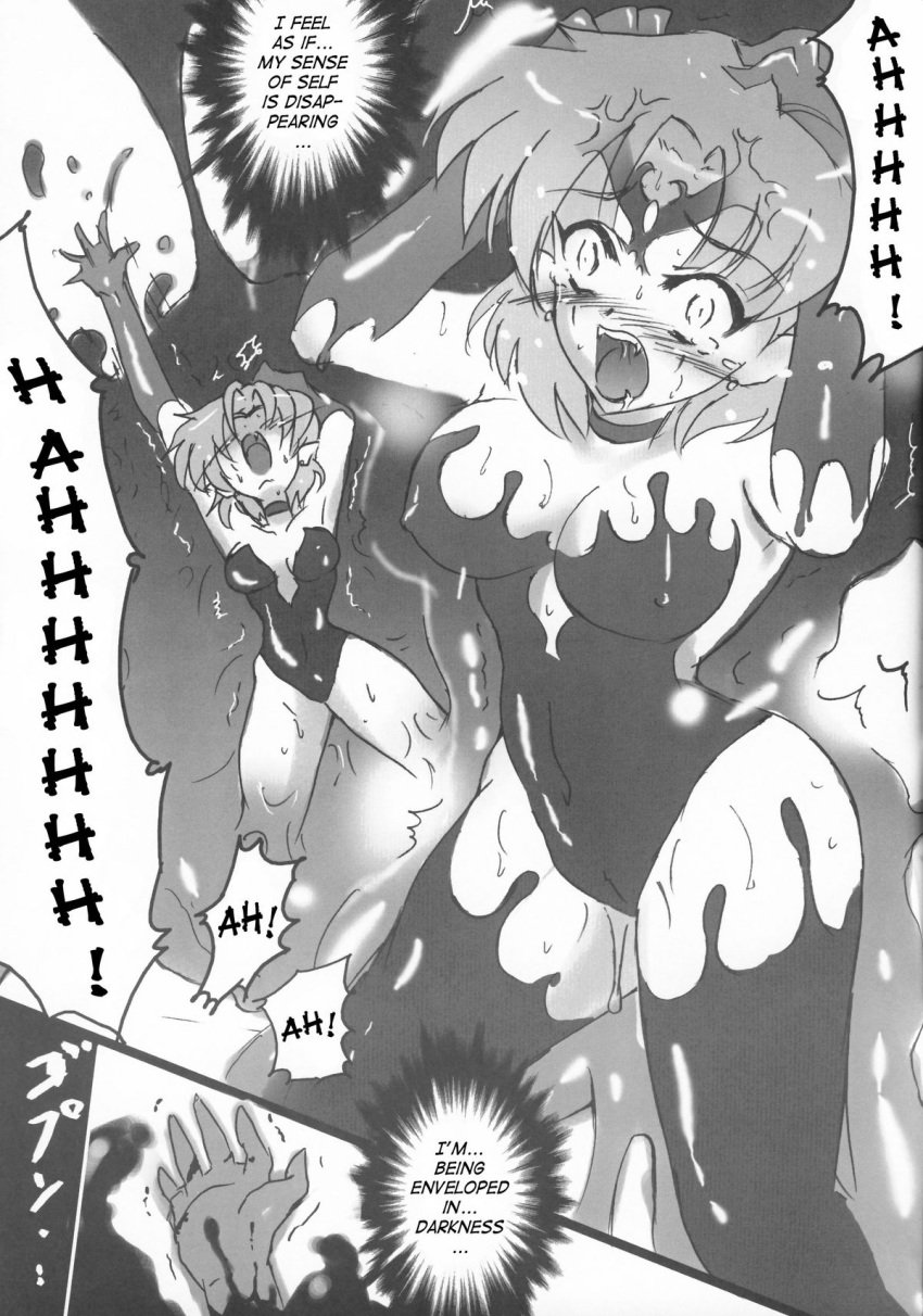 1girls ami_mizuno bishoujo_senshi_sailor_moon cleavage comic corruption dark_makeup evil greyscale hiro_(uragiri_no_doukutsu) monochrome possession sailor_mercury slime slime_clothing small_breasts