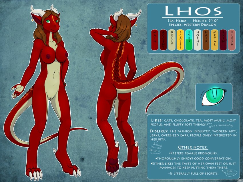 ass breasts brown_hair claws dragon english_text female green_eyes horn horns iggi lhos model_sheet nude piercing pussy solo standing tail text