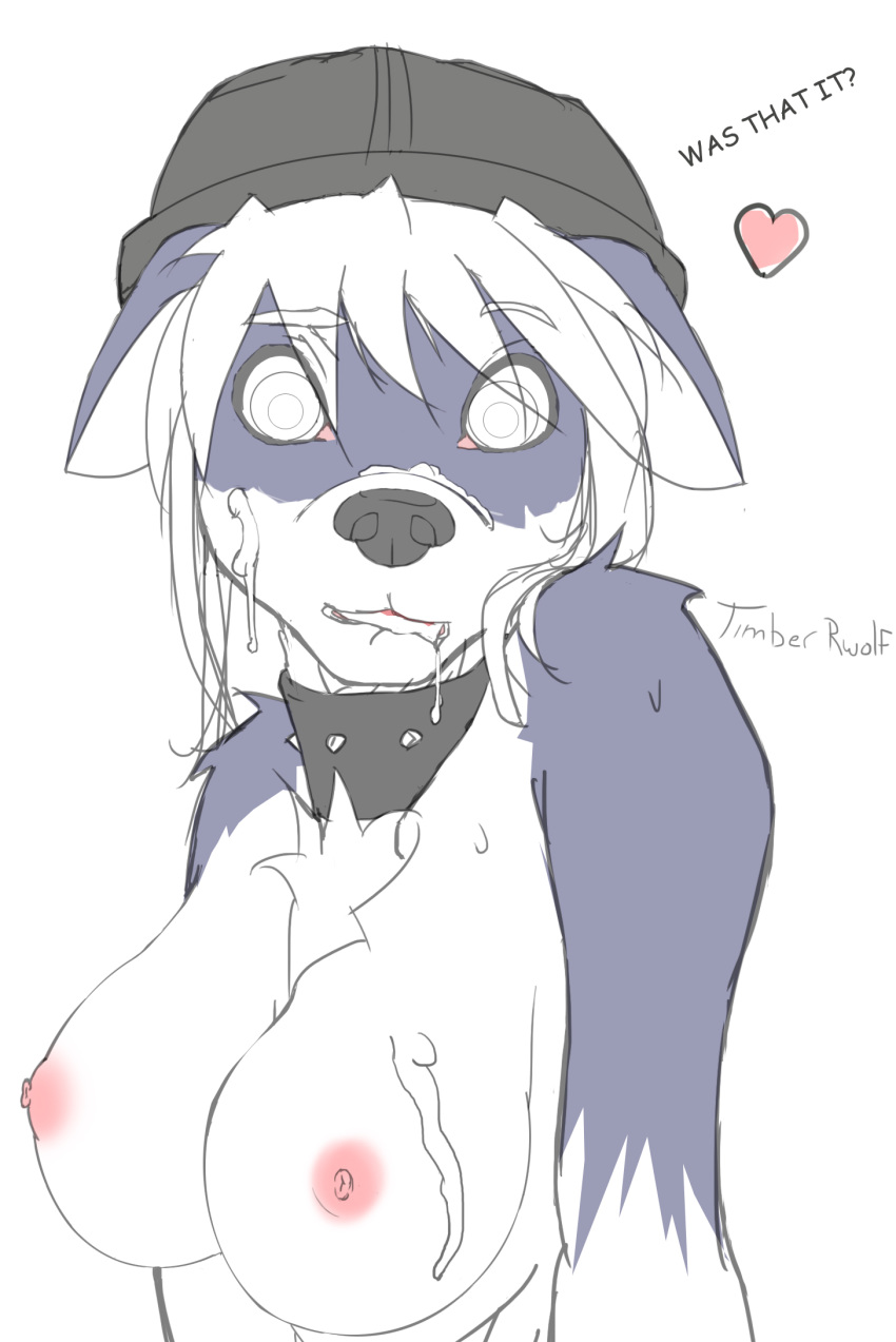 2011 anthro big_breasts biting_lip breasts canine collar cum female fur furry hat heart hi_res legendra looking_at_viewer nipples plain_background sketch solo sweat white_background