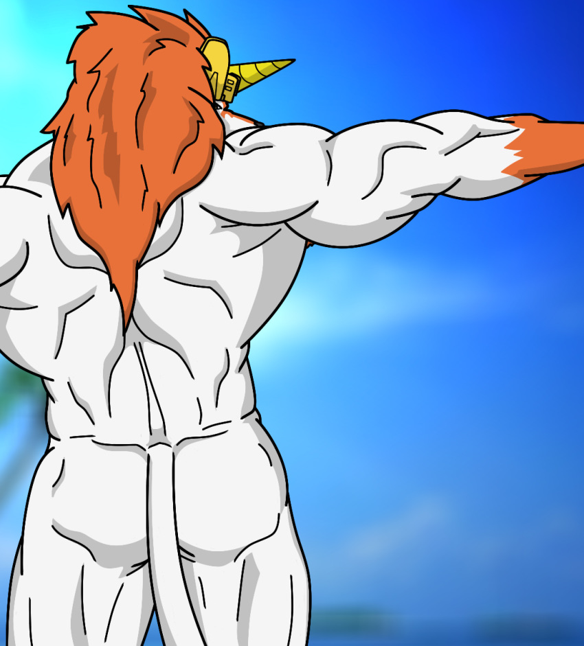 1boy anthro ass canine digimon dorulumon fur furry hair horn male male_only muscles nude orange_hair solo tail wolfoxokamichan