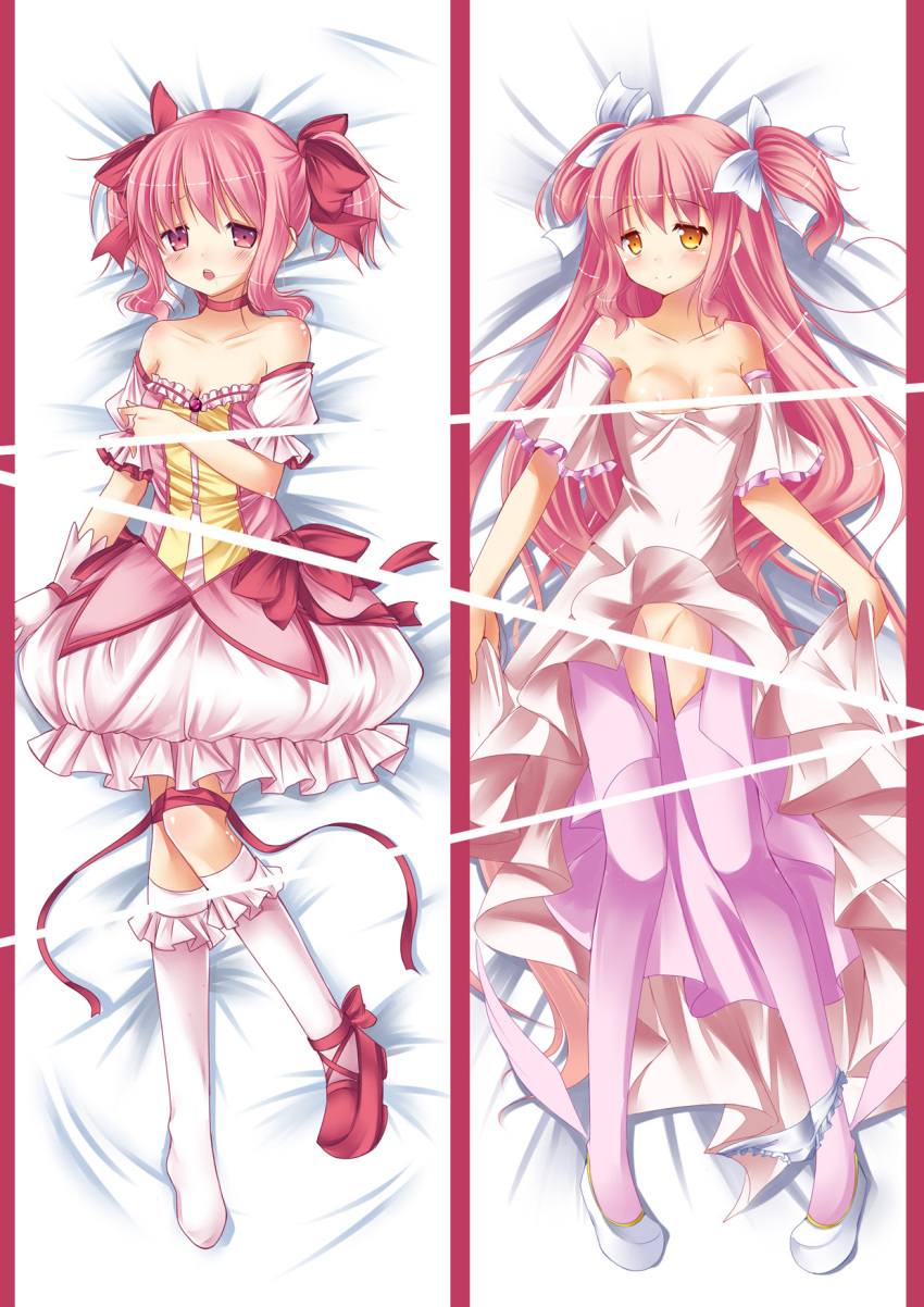 amemiya_ruki bare_shoulders bed_sheet bobby_socks bow breasts bubble_skirt censored choker dakimakura female hairbow highres human long_hair lying madoka_kaname magical_girl mahou_shoujo_madoka_magica no_panties on_back panties panties_around_one_leg pink_eyes pink_hair ribbon short_hair single_shoe socks solo thighhighs tied_hair twintails two_side_up ultimate_madoka underwear yellow_eyes