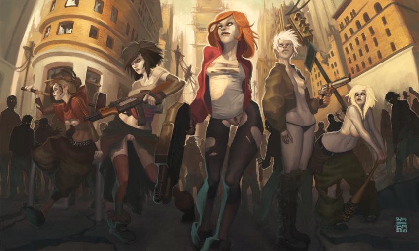 5girls baseball_bat boots bottomless casual clothing dead_evolution fantastybangcomix female firearm gun handgun human lip_piercing multiple_girls open_clothes pale_skin piercing public revolver rifle shotgun thighhighs topless war_hammer weapon zombie