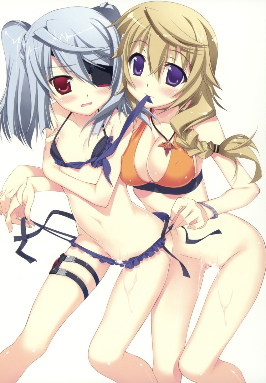 censored charlotte_dunois erect_nipples essentia eye_patch fujima_takuya infinite_stratos laura_bodewig mizugi panty_pull pussy_juice undressing wet