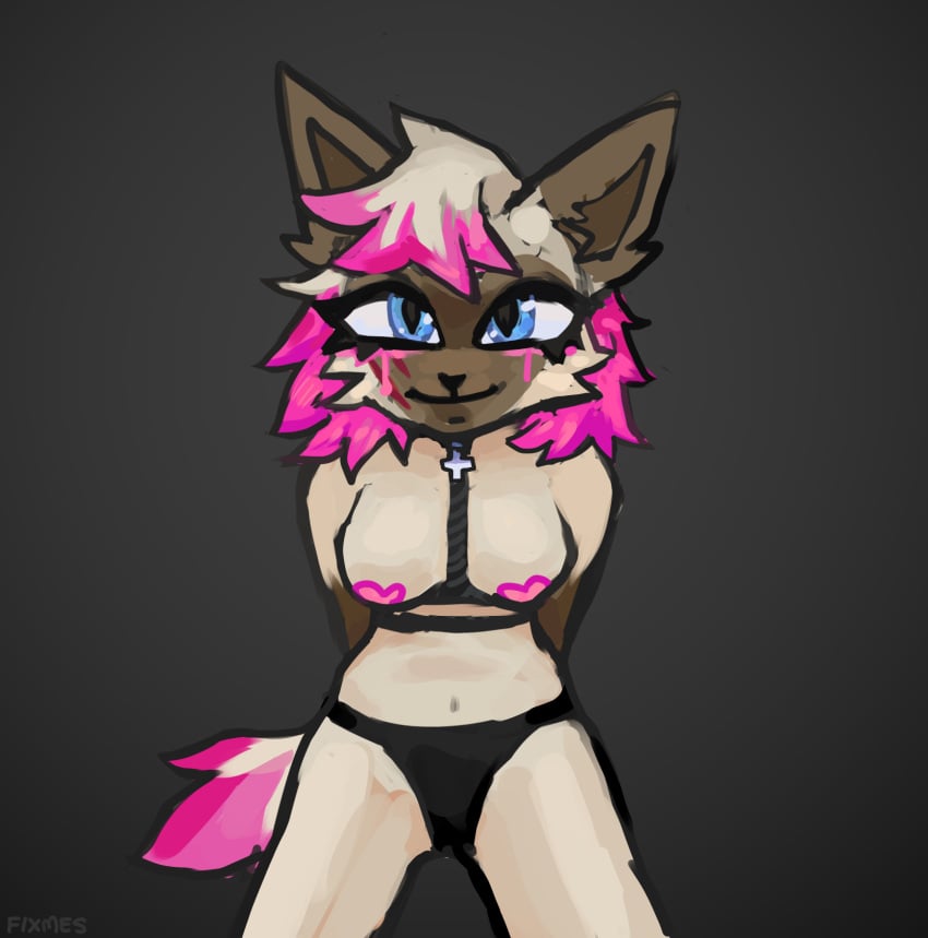 anthro blue_eyes bondage castle_cats castlecats dyed_fur dyed_hair facial_scar female female_only furry lingerie navel pink_(castle_cats) punk punk_girl punk_hair scar solo solo_female underwear