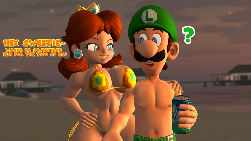 1boy 1girls 3d ? arm_around_neck assertive assertive_female beach big_breasts bikini blue_eyes brown_hair busty child_bearing_hips cleavage cropped_image english_text female flirting grin hand_on_hip hi_res large_breasts legs luigi male mario_(series) navel nintendo ocean princess princess_daisy relliksb shorts smile soda soda_can sprite_(soda) sunset thick_thighs thighs toned underboob voluptuous water