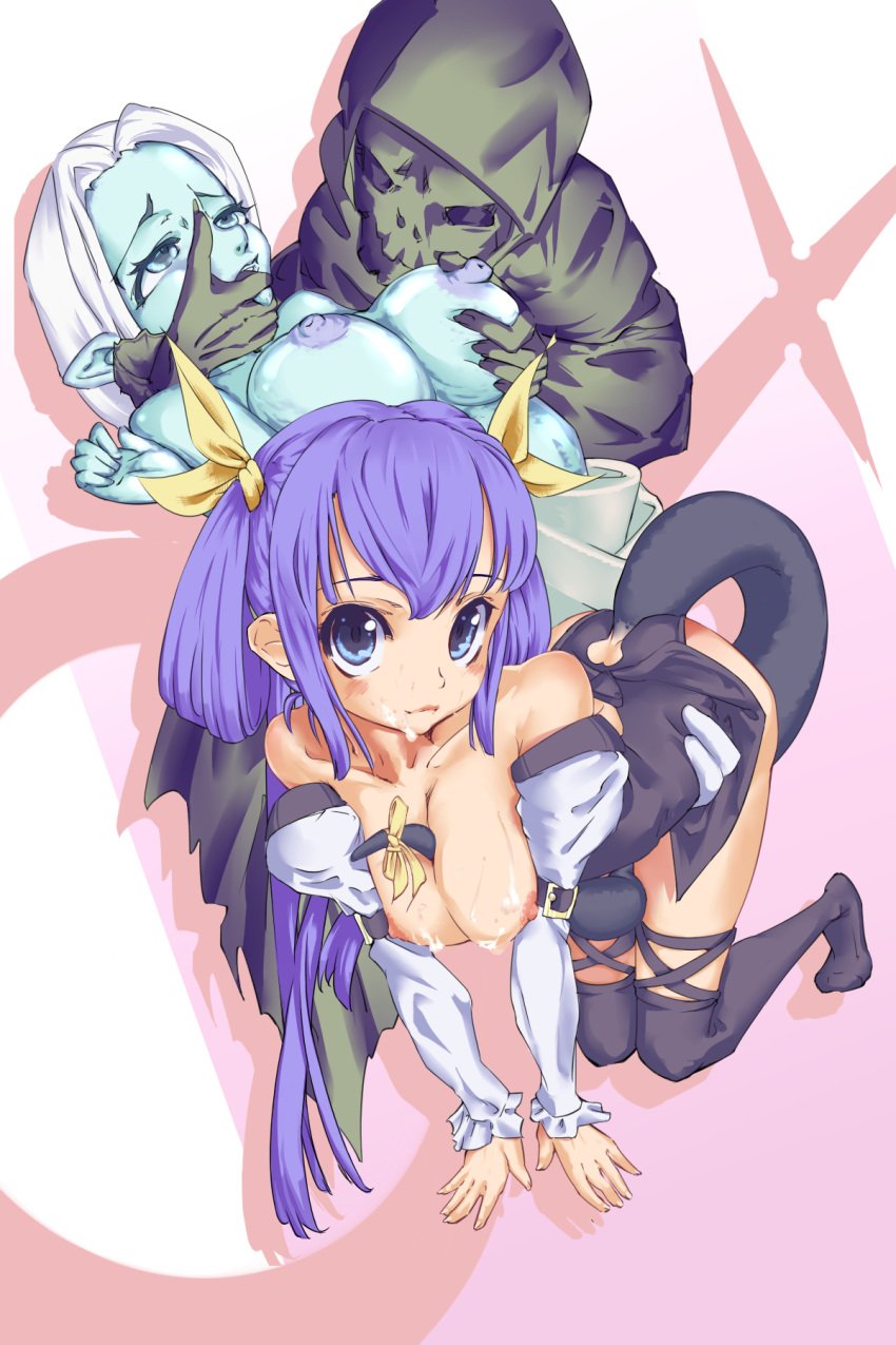 between_breasts black_legwear blue_eyes blue_hair breast_grab breasts cum cum_on_body cum_on_breasts cum_on_upper_body detached_sleeves dizzy_(guilty_gear) facial guilty_gear highres necro_(guilty_gear) nipples panguu ribbon skull tail tail_between_breasts thighhighs undine undine_(guilty_gear)