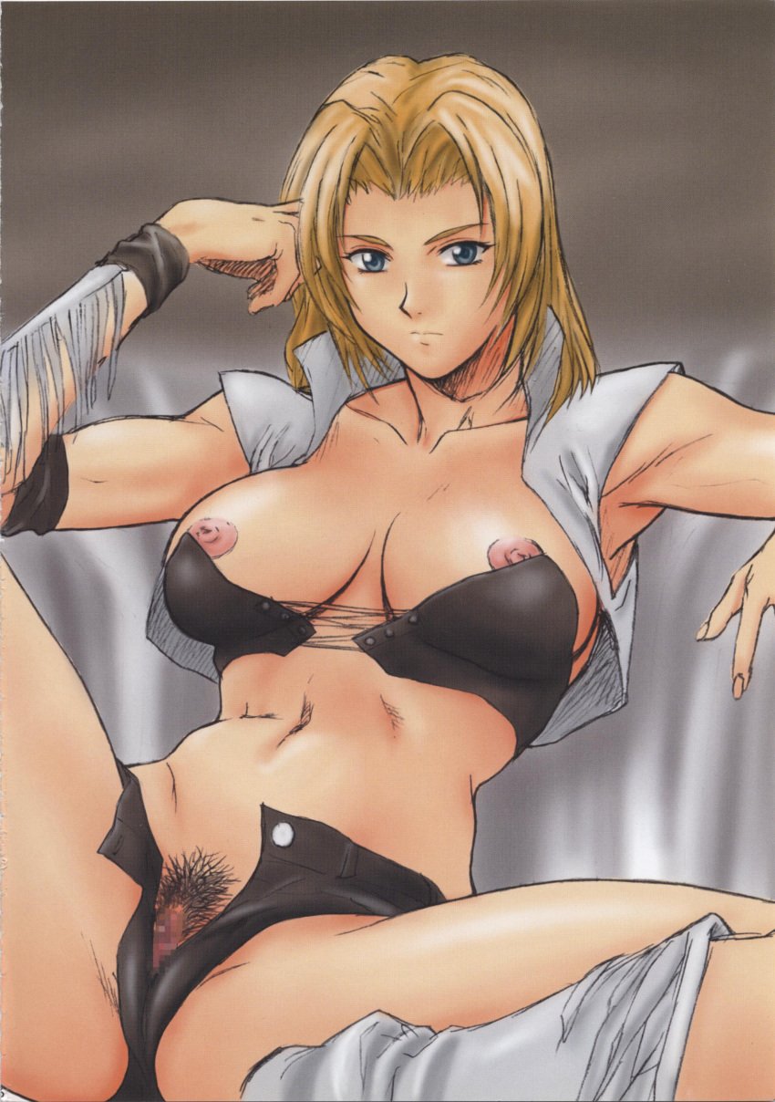 blonde_hair blue_eyes breasts censored dead_or_alive female female_only high_resolution human large_breasts midriff navel nipple_slip nipples pretty_well pubic_hair pussy short_hair solo spread_legs tina_armstrong unbuttoned wristband