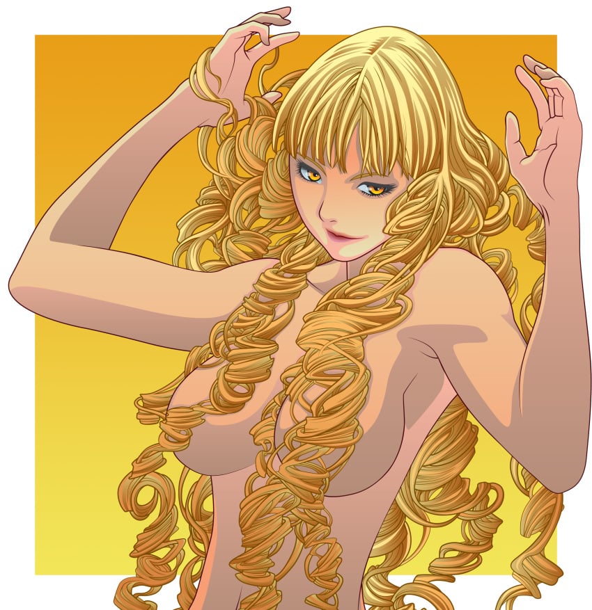 anastasia_(claymore) arms_up blonde_hair breasts claymore colored drill_hair fingers_through_hair hand_in_hair high_resolution large_breasts long_hair nude