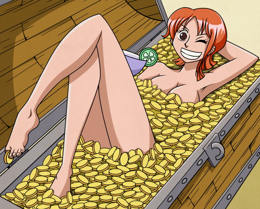 barefoot bath between_toes brown_eyes chadrocco coin drink feet female female_only money money_bath nami nude one_piece orange_hair pre-timeskip toe_grab toes treasure_chest wink