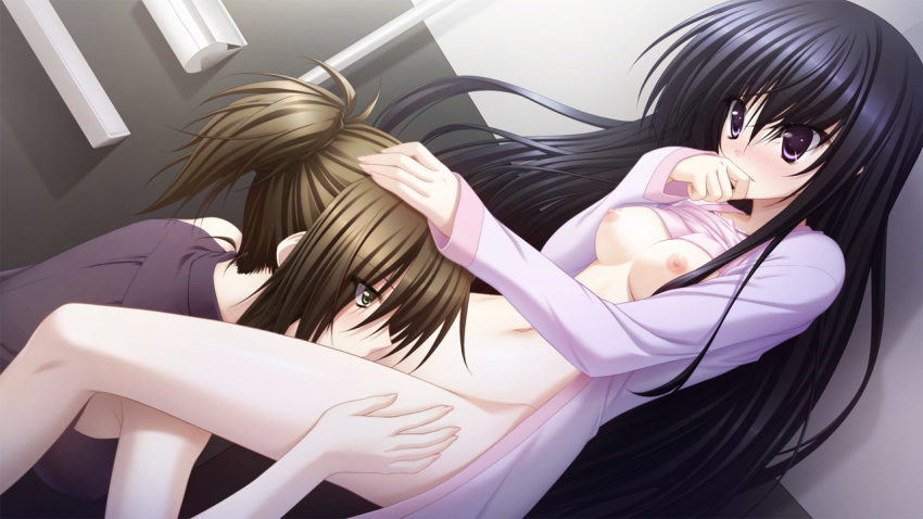 black_hair breasts brown_hair dare_ga_koroshita_komadori_wo female game_cg kawano_ran mahiro_takeumi multiple_girls nipples nopan open_clothes open_shirt shirt ugi_kotori yuri