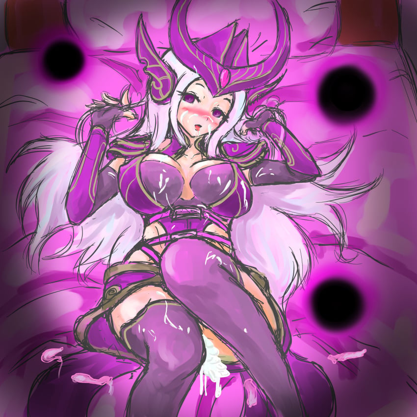 after_sex armor bed blush breasts breasts_apart condom cum cum_on_body cum_on_breasts cum_on_clothes cum_on_upper_body cumdrip ear_protection elbow_gloves energy_ball erect_nipples facial female forehead_jewel forehead_protector gloves helmet highres large_breasts league_of_legends long_hair looking_at_viewer on_back on_bed orb pauldrons pillow purple_eyes purple_legwear silver_hair solo syndra thighhighs trombe used_condom vambraces very_long_hair