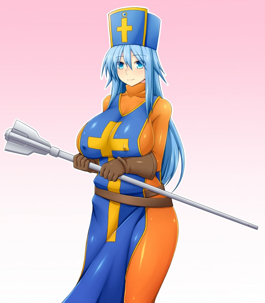 blue_eyes blue_hair bodysuit clothing dragon_quest dragon_quest_iii erect_nipples erect_nipples_under_clothes female female_only gloves highres human large_breasts long_hair priest_(dq3) smile solo zin