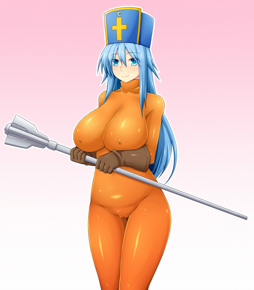 blue_eyes blue_hair bodysuit cameltoe clothing dragon_quest dragon_quest_iii erect_nipples erect_nipples_under_clothes female female_only gloves highres human large_breasts long_hair priest_(dq3) skin_tight smile solo zin