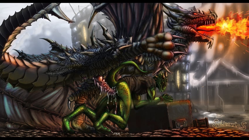 2boys alduin argonian ass bethesda_softworks bound breathing_fire claws crate doggy_style dragon fire gay green_skin grey_skin interspecies large_penis looking_back male male_only open_mouth outdoors penis red_eyes salireths saliva scalie sex size_difference skyrim tail text the_elder_scrolls tongue wings yellow_eyes zoophilia