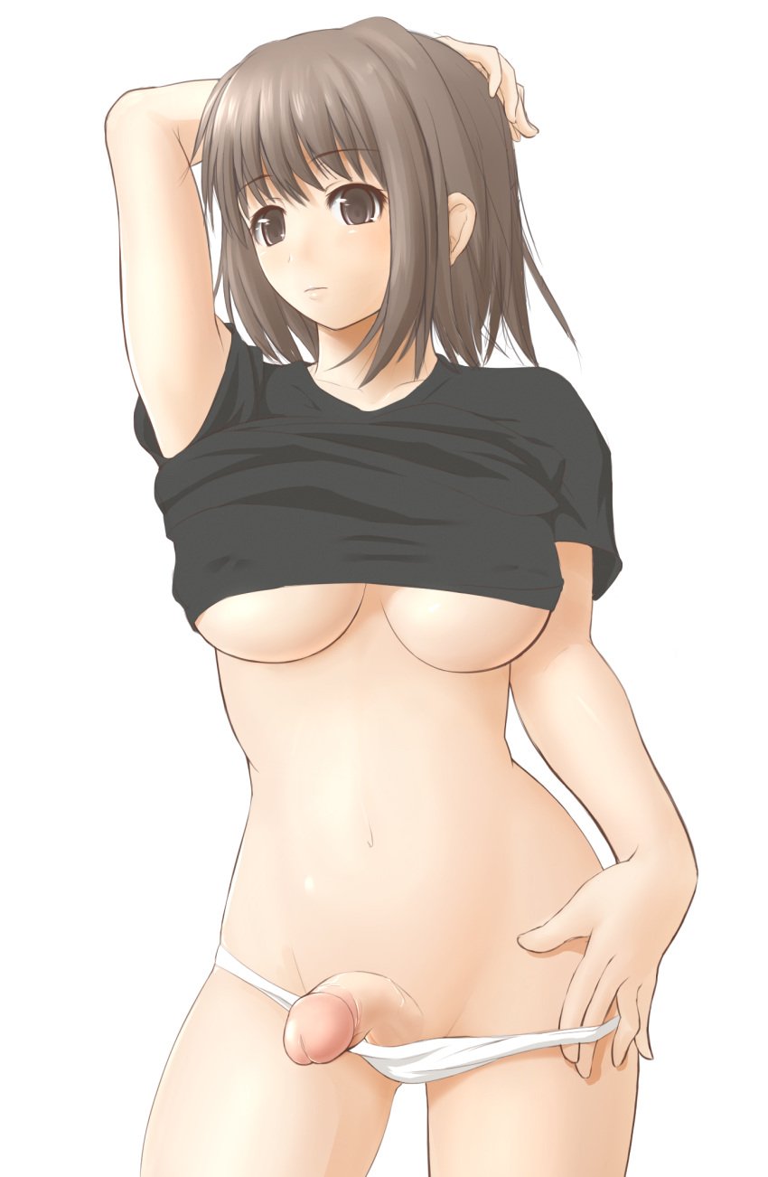 1futa arm_behind_head breasts brown_eyes brown_hair flaccid futa_only futanari half-erect hand_on_hip highres hips intersex navel panties penis shirt_lift simple_background solo uncensored underboob underwear zi-shot