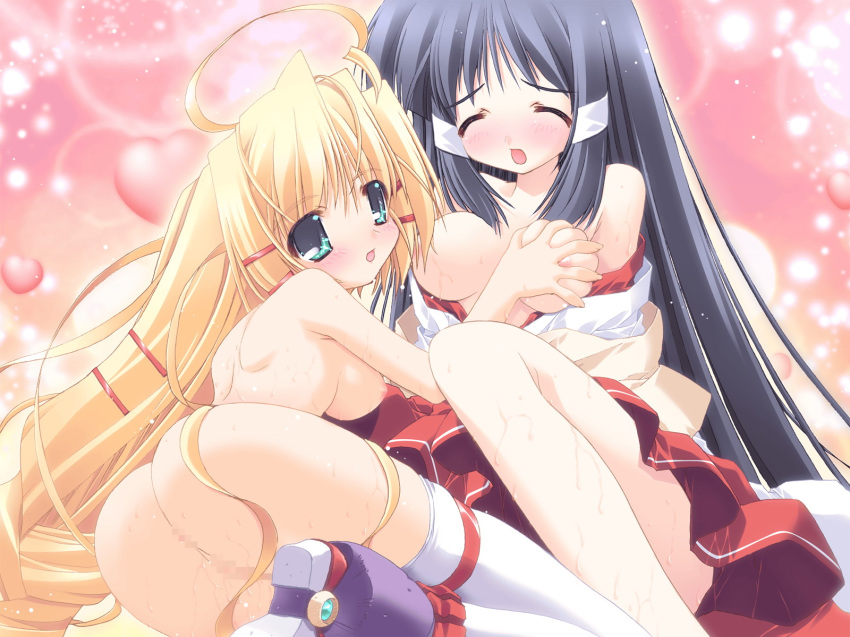 2girls blonde_hair blue_hair braid breast_grab breasts censored female game_cg green_eyes hair_ornament hairclip highres kagura_(prism_ark) multiple_girls nipples oono_tetsuya priecia prism_ark pussy thighhighs very_long_hair yuri