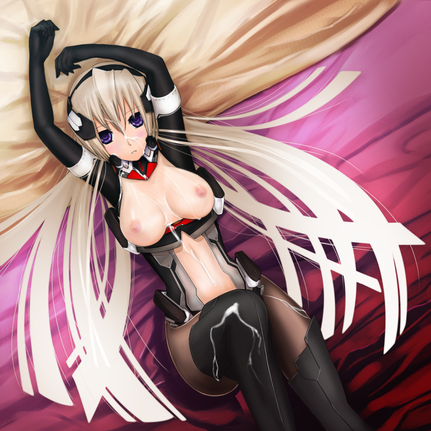 arms_up bodysuit boots breasts cum cum_on_body cum_on_breasts cum_on_lower_body cum_on_upper_body def_(chronowarld) facial female headdress highres horizon_ariadust kyoukaisenjou_no_horizon long_hair lying navel nipples on_back pantyhose purple_eyes silver_hair solo thigh_boots thighhighs topless very_long_hair