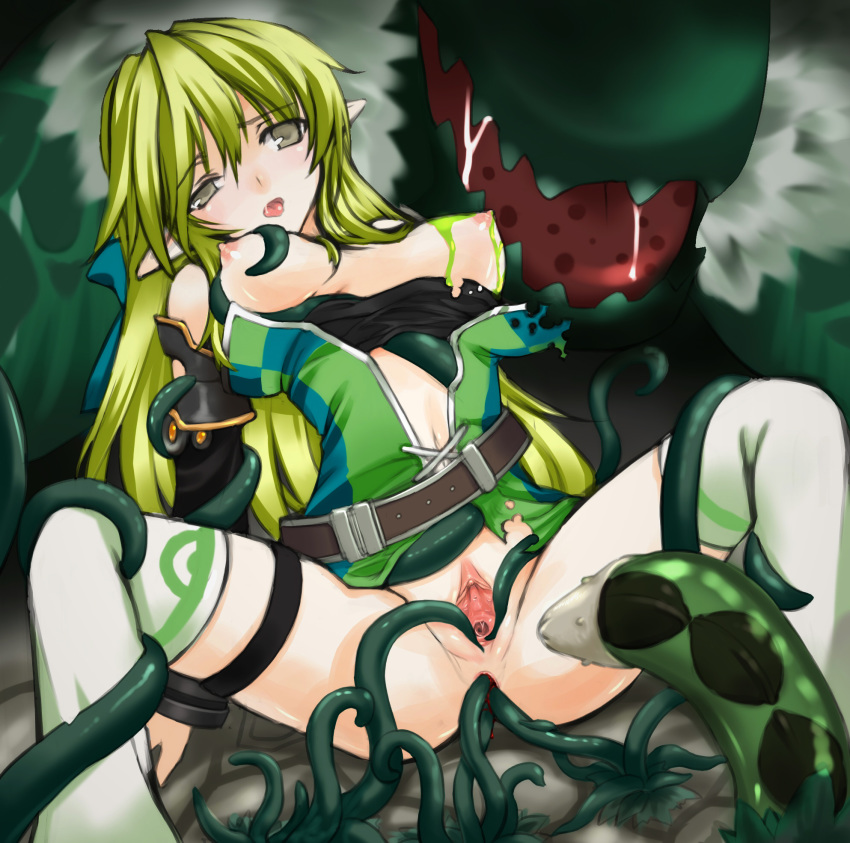 anal blonde_hair blush breasts consensual_tentacles elf elsword female highres monster nipples open_mouth pussy rape rena_(elsword) shirt_pull tentacle tongue uncensored