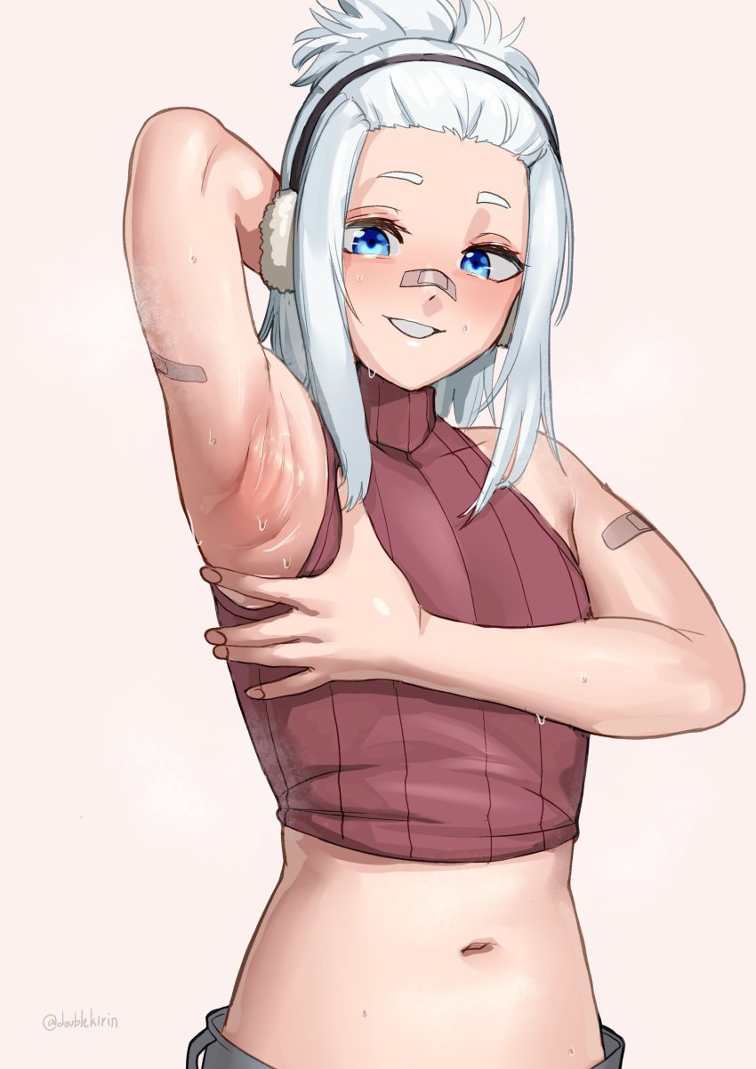 1girl 1girls armpit_crease armpit_fetish armpit_peek armpits bandaid bandaid_on_arm bandaid_on_nose doublekirin_(artist) femboy sweat sweaty sweaty_armpit sweaty_armpits taigaxholic teasing_viewer textless white_background white_hair