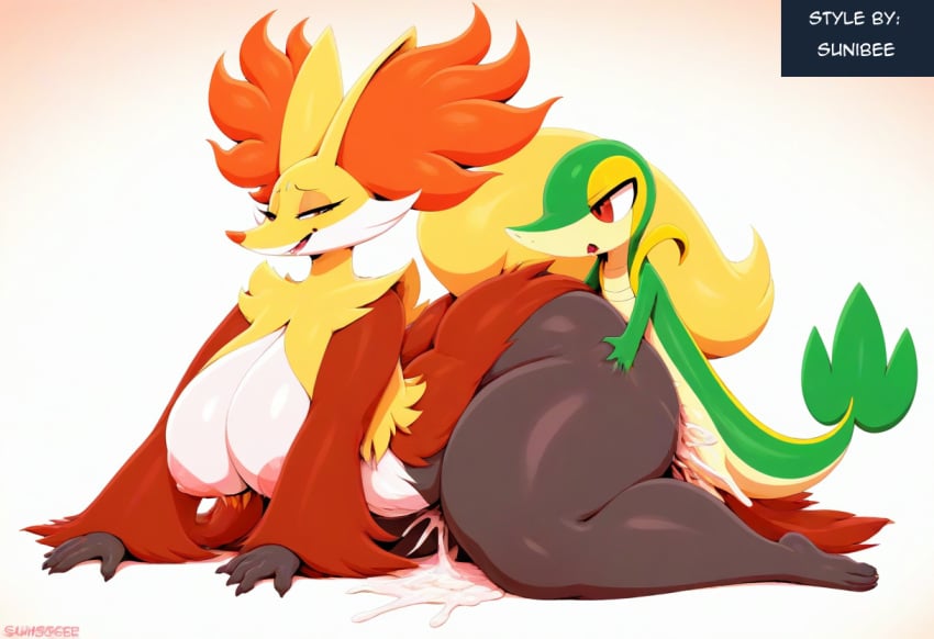 ai_generated anthro anthro_on_feral ass big_breasts big_butt blush bodily_fluids breasts canid canine cleavage closed_eyes cum cum_in_pussy cum_inside curvy_figure delphox duo female female_penetrated from_behind_position fur generation_5_pokemon generation_6_pokemon genital_fluids genitals heart hellsonger hi_res huge_breasts inner_ear_fluff interspecies larger_female larger_penetrated lying mahoxy male male/female male_penetrating male_penetrating_female mammal nintendo older_female older_penetrated on_side open_mouth penetration pokemon pokemon_(species) red_body red_eyes red_fur sex simple_background size_difference small_dom_big_sub smaller_male smile snivy sweat thick_thighs tsutarja vaginal_penetration voluptuous white_background wide_hips