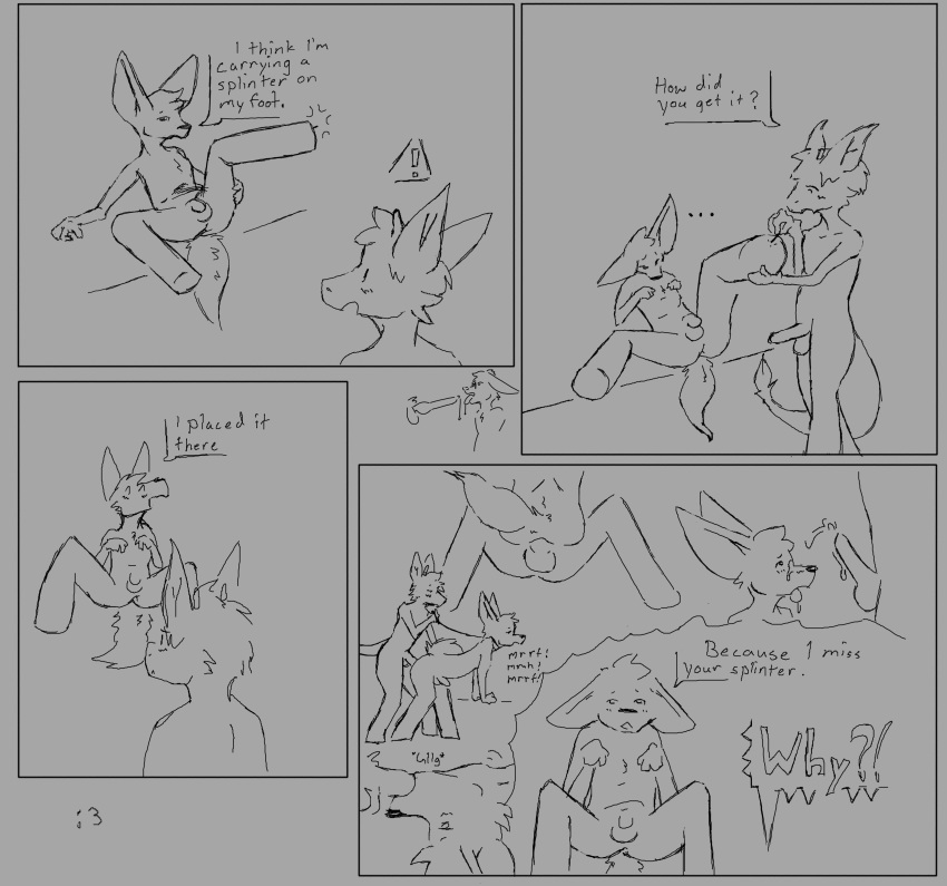 absurd_res anthro canid canine comic dragon duo durg ejaculation english_text fellatio fennec_fox fox foxtrot_velvet hi_res leash male male/male mammal monochrome mythological_creature mythological_scalie mythology oral penile scalie sex splinters text true_fox