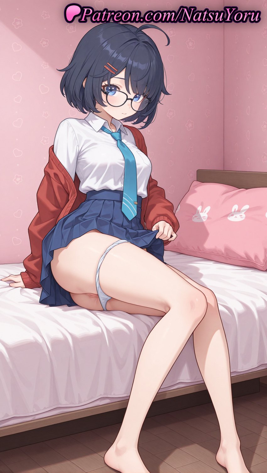 1girls ahoge ai_generated anime anime_style anus arm_support asian ass asshole bangs bare_legs barefoot bed bedroom black-framed_eyewear black_hair blouse blue_eyes blue_hair blue_necktie blue_skirt blush breasts bust busty cardigan closed_mouth clothes_lift collared_shirt feet female female_focus female_only foot_fetish full_body glasses hair_clips hair_ornament hairclip hentai hi_res high_quality high_resolution highres indoors jacket juicy_butt knees_together_feet_apart legs lifted_by_self long_sleeves looking_at_viewer medium_breasts megane mila_(miside) miside mita_(miside) natsuyoru necktie off_shoulder on_bed open_cardigan open_clothes open_jacket paipan panties pantsu panty_pull pillow pleated_skirt pussy red_cardigan red_jacket round_eyewear school_uniform shirt shirt_tucked_in short_hair sitting skirt skirt_lift solo solo_female thighs toenails toes underwear voluptuous voluptuous_female white_panties white_shirt wooden_floor