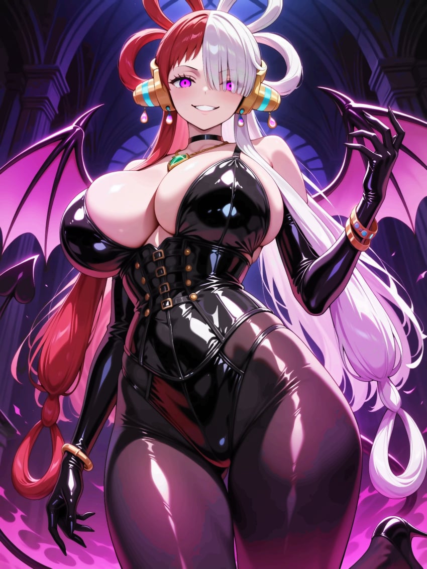 ai_generated corruption demon_girl female female_only long_hair mcdaisukimen multicolored_hair one_piece pink_eyes solo tail uta_(one_piece) wings