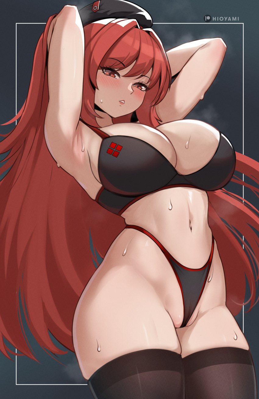 1girls arms_up bra breasts female goddess_of_victory:_nikke hat hi_res hioyami huge_breasts light-skinned_female light_skin long_hair panties rapi_(nikke) rapi_(red_hood)_(nikke) red_eyes red_hair thick_thighs