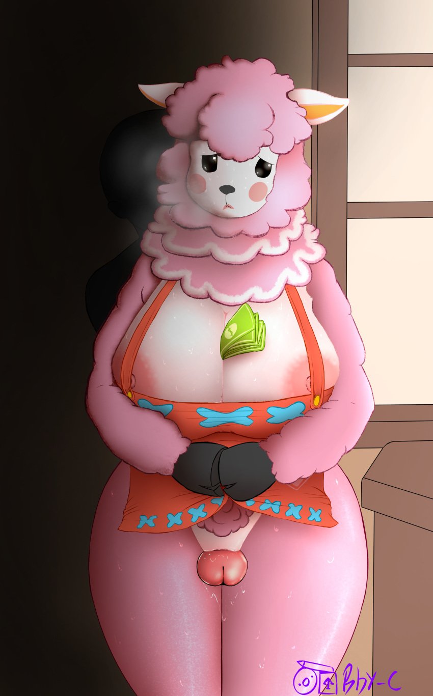 1boy 1boy1girl 1girls 2d alpaca animal_crossing anthro apron camelid cheating digital_media_(artwork) female furry heterosexual hooves mammal money nervous netorare nintendo nipples pink_body pink_fur pink_hair pink_nipples png reese_(animal_crossing) revealing_clothes rhy-c self_upload steam steamy_breath straight straight_sex sweat thigh_sex thigh_sex thighs uncensored unknown_male watermark