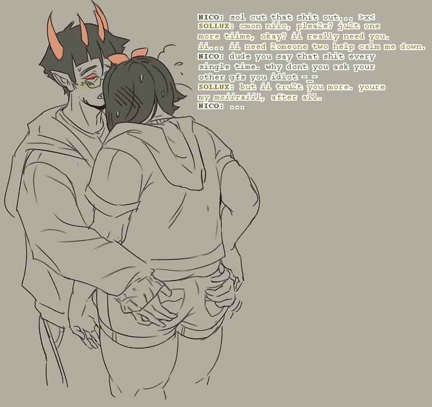 1boy 1boy1girl 1boys 1girl1boy 1girls alien before_sex blush cheating clothed clothed_female clothed_male color dialogue female female groping_ass heterosexual homestuck homestuck_troll horn horns iloveyou_mob iloveyoumob male netorare ntr oc_x_canon original_character partially_colored self_insert selfship short_hair short_hair_male sollux_captor straight straight text troll