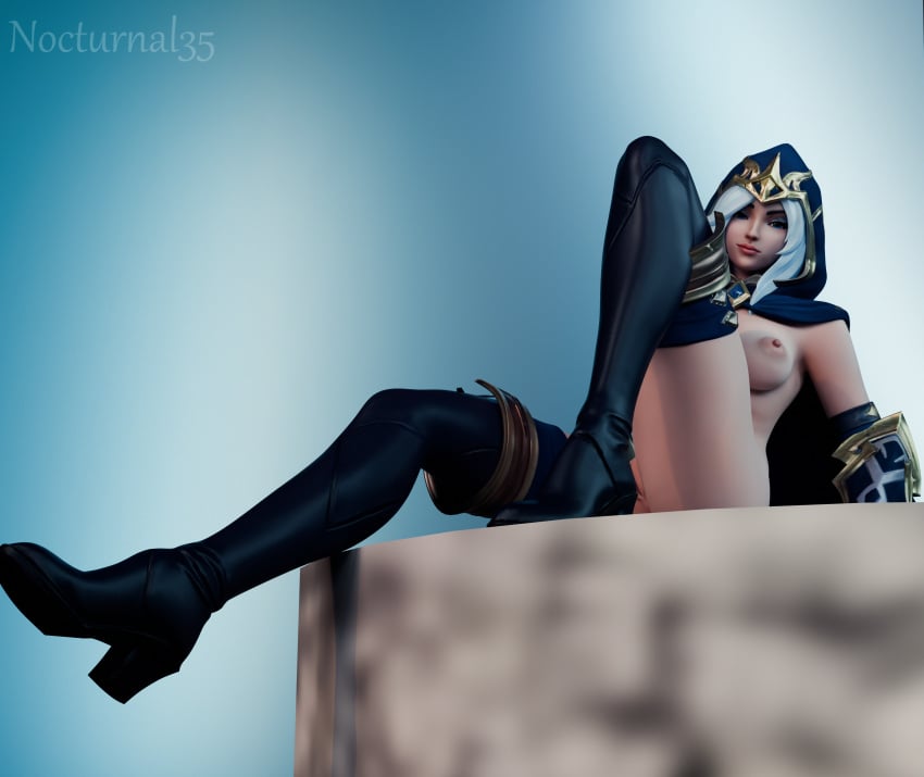 3d 3d_model 3dcg ashe_(league_of_legends) black_boots blender blender_(artwork) blender_(software) blender_cycles blue_eyes boots breasts cloak gold_(metal) heel_boots hood hood_up league_of_legends legs looking_at_viewer nocturnal35 pussy riot_games tagme thigh_boots thighs white_hair