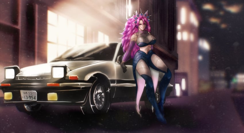 1female black_eyes car city city_background female female_focus female_only fox fox_ears huge_breasts long_hair night pink_hair pink_pupils shiniw0lf thighs virtual_youtuber vtuber vtuberfanart