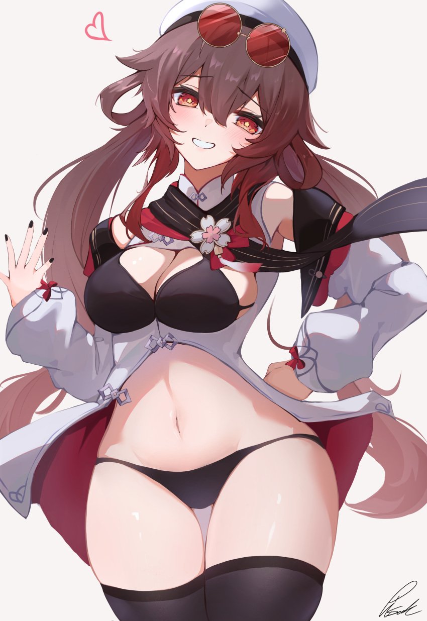 absurdres black_bra black_nails black_thighhighs bra breasts brown_hair cowboy_shot detached_sleeves eyewear_on_head female flower-shaped_pupils genshin_impact glasses grin hand_on_own_hip hat heart highres hu_tao_(cherries_snow-laden)_(genshin_impact) hu_tao_(genshin_impact) long_hair looking_at_viewer medium_breasts nail_polish navel official_alternate_costume pince-nez pisuke_(user_kcmh2774) signature simple_background skindentation smile solo sunglasses symbol-shaped_pupils thigh_gap thighhighs twintails underwear white_background white_hat