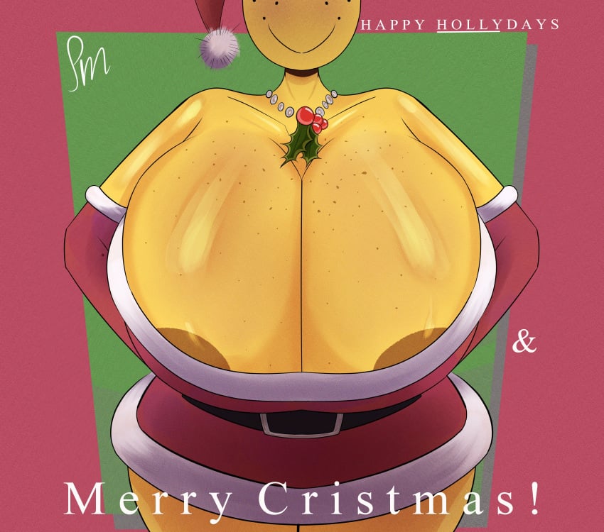 big_breasts christmas christmas_outfit freckles_on_breasts freckles_on_face hidden_eyes holly_(pancake_manta) large_breasts mistletoe original original_character pancake_manta smiling