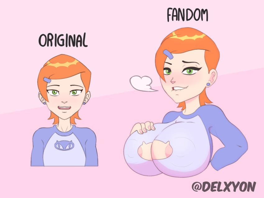 1girls alternate_breast_size ben_10 big_breasts biting_lip blush canon_vs_fanon cartoon_network delxyon exposed_breasts female female_only green_eyes gwen_tennyson orange_hair red_hair ripped_clothing short_hair smiling solo white_skin