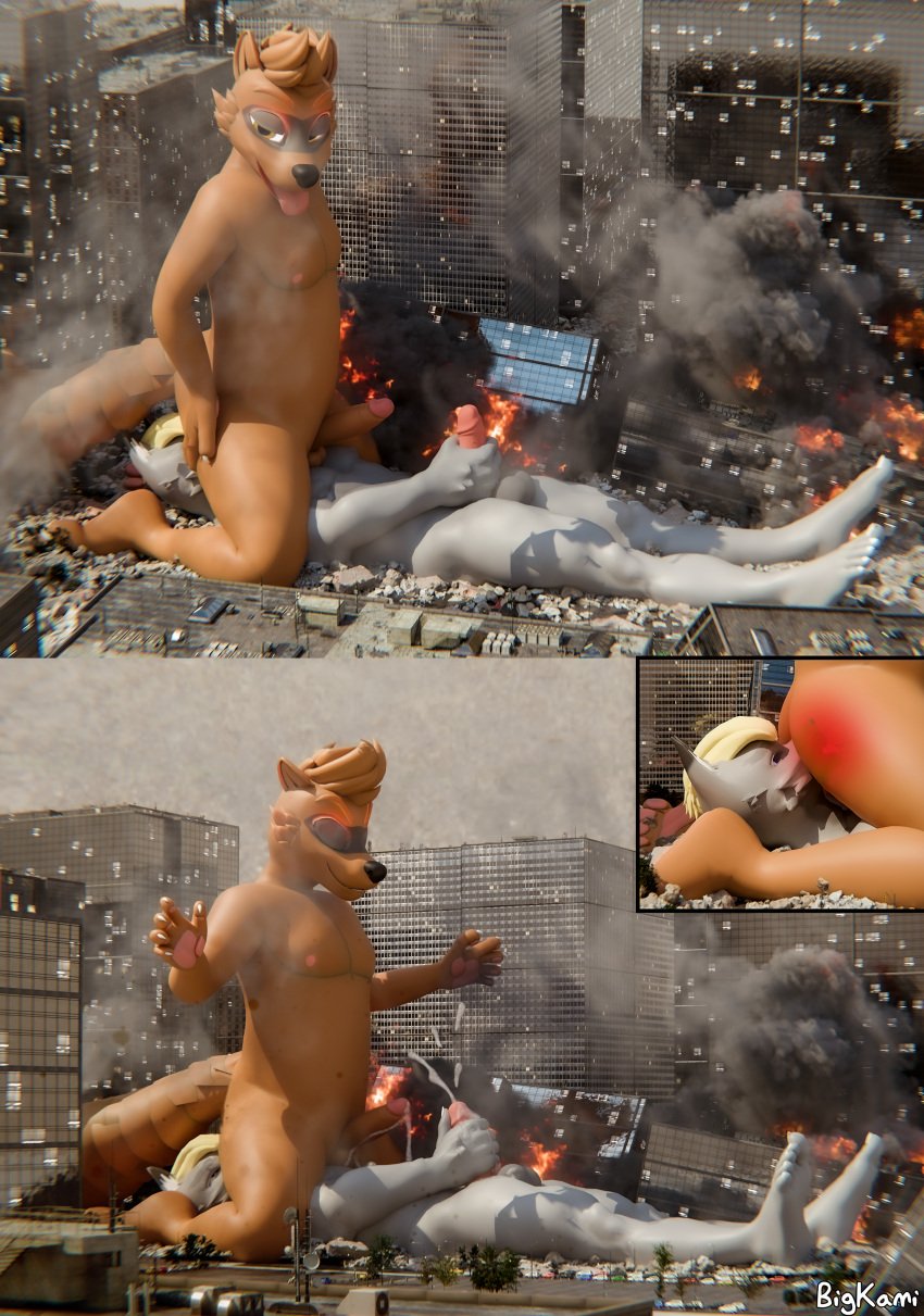 2025 3d absurd_res anal animal_humanoid anthro big_tail bigkami blender_(artwork) bodily_fluids canid canine canis city_destruction comic cum debris destruction digital_media_(artwork) duo ejaculation english_text facesitting fire genital_fluids hi_res humanoid internal looking_pleasured macro male male/male mammal mammal_humanoid masturbation oral procyonid procyonid_humanoid raccoon raccoon_humanoid rampage rimming sex sitting_on_another smile smoke tail text tongue tongue_out wolf x-ray_view