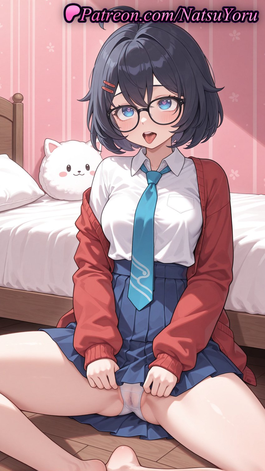 1girls ahoge ai_generated anime anime_style asian bangs bare_legs barefoot bed bedroom black-framed_eyewear black_hair blouse blue_eyes blue_hair blue_necktie blue_skirt blush breasts bust busty cameltoe cardigan clothes_lift collared_shirt feet female female_focus female_only foot_fetish glasses hair_between_eyes hair_ornament hairclip heart heart-shaped_pupils hentai hi_res high_quality high_resolution highres indoors jacket legs long_sleeves looking_at_viewer medium_breasts megane mila_(miside) miside mita_(miside) mole natsuyoru necktie on_bed open_cardigan open_clothes open_mouth panties pantsu pillow pleated_skirt red_cardigan red_jacket round_eyewear school_uniform shirt shirt_tucked_in short_hair sitting skirt skirt_lift solo solo_female spread_legs stuffed_animal stuffed_toy symbol-shaped_pupils thighs toes tongue tongue_out underwear upper_teeth_only voluptuous voluptuous_female white_panties white_shirt wooden_floor