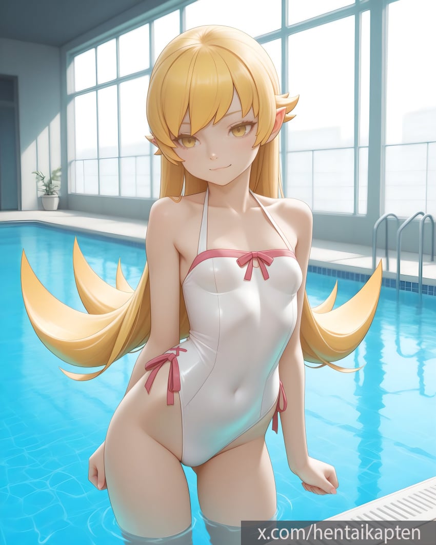 ai_generated blonde_hair hentaikapten leotard long_hair monogatari_(series) oshino_shinobu pool small_breasts watermark yellow_eyes