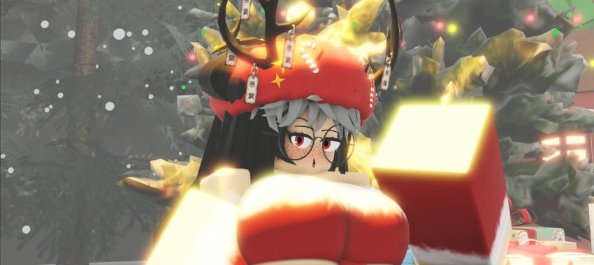 1girls 3d antlers big_breasts black_hair blush breasts christmas christmas_outfit christmas_present christmas_tree circular_glasses clothing crimstuff female female_only freckles glasses grey_hair hat long_hair looking_at_viewer open_mouth pale-skinned_female pale_skin red_clothing red_eyes red_hat roblox robloxian round_glasses solo standing two_tone_hair