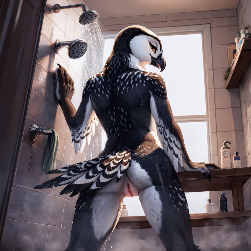 absurd_res ai_generated anthro avian beak biped bird birdlover feathered_body feathers female genitals half-closed_eyes hi_res looking_at_viewer looking_back multicolored_body multicolored_feathers narrowed_eyes orange_eyes owl pussy rear_view shower solo standing tail_feathers two_tone_body two_tone_feathers view_from_below wet wet_body