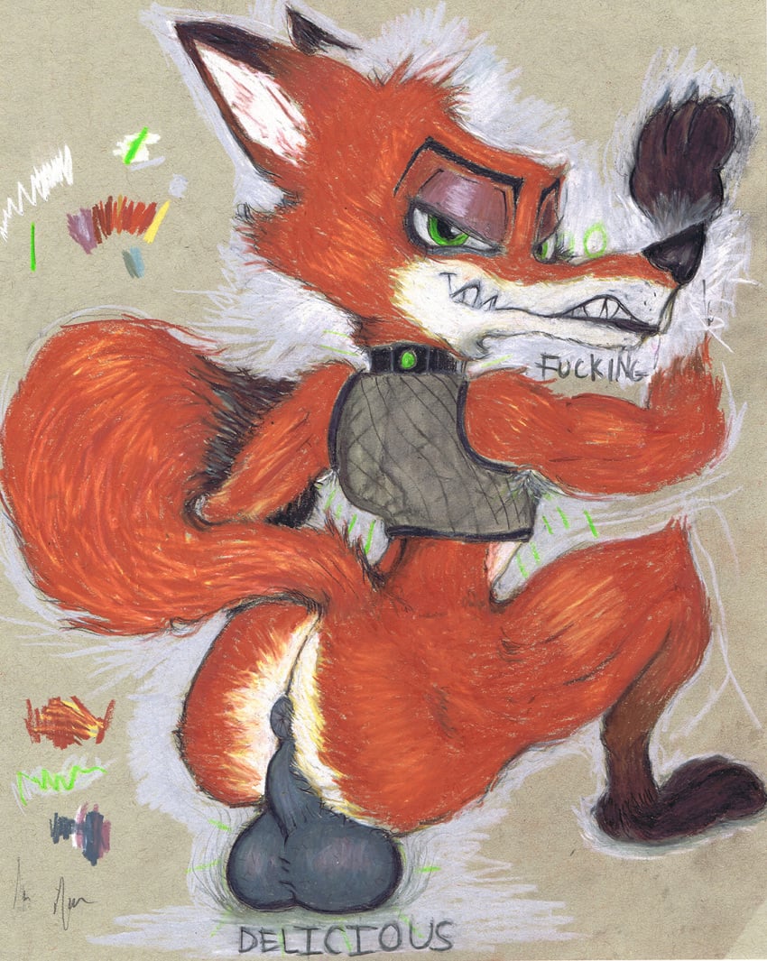 anthro anus ass balls big_balls big_butt bottomless canid canine clothed clothing collar disney english_text fluffy fluffy_tail fox fur genitals green_eyes hi_res horse420 looking_at_viewer looking_back looking_back_at_viewer male mammal nick_wilde orange_body orange_fur profanity raised_tail rear_view red_fox smile solo tail text traditional_media_(artwork) true_fox zootopia