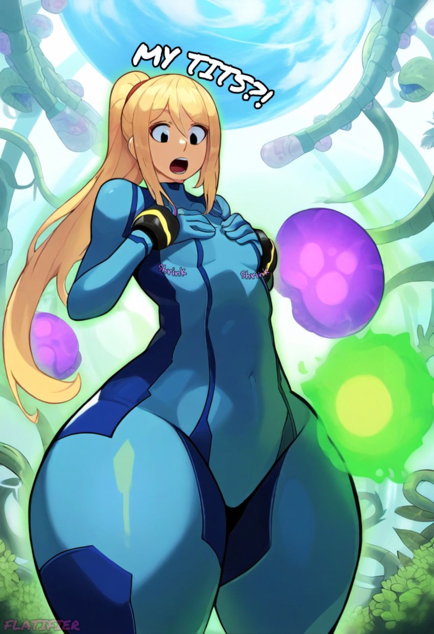 ai_generated breast_deflation breast_reduction breast_shrinking flat_chest flat_chested flatifier gigantic_breasts huge_breasts metroid samus_aran samus_aran_(cosplay) small_breasts status_effect zero_suit_samus