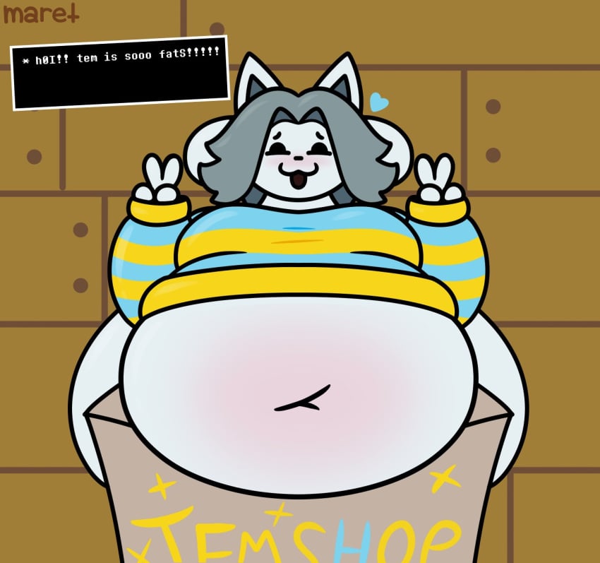 anthro big_belly blush catgirl double_v evilfiendish fat feline female fur furry grey_hair overweight overweight_female peace_sign temmie_(undertale) undertale