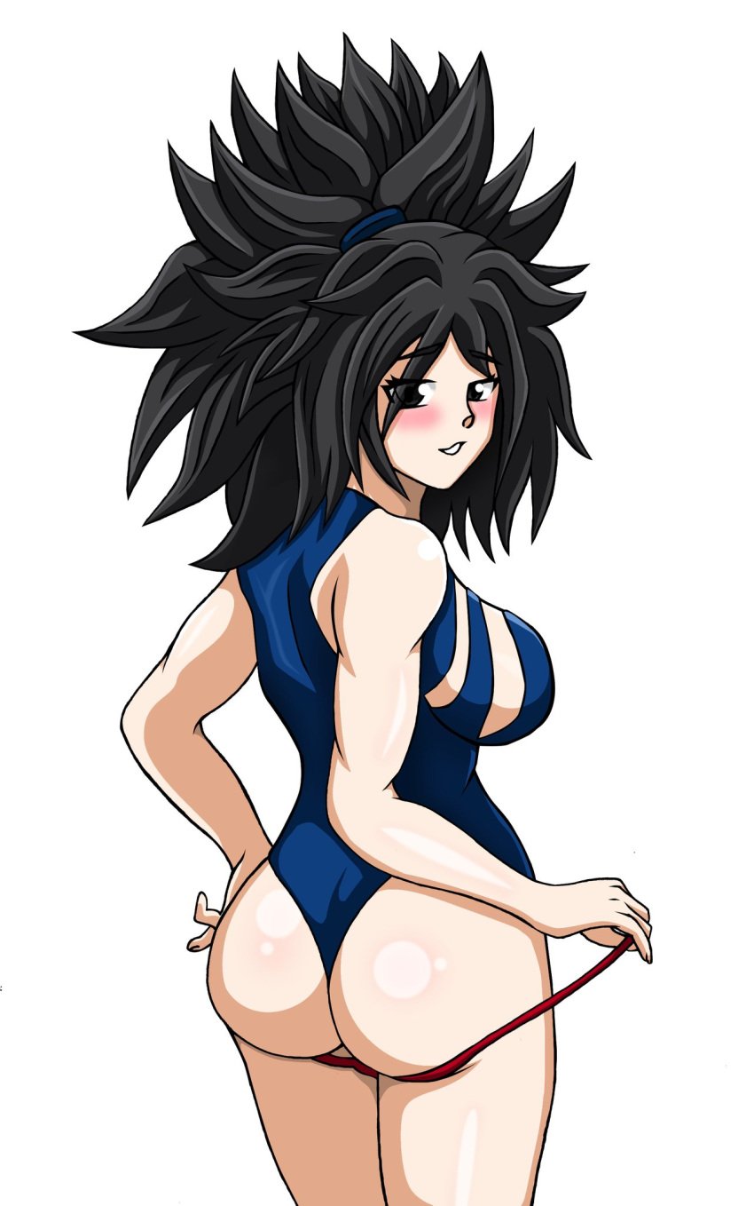 ass back_view bikini black_eyes blue_bikini breasts color colored commission dark_hair dragon_ball dragon_ball_super dragon_ball_xenoverse dragon_ball_z female female_only female_saiyan half_body long_hair looking_at_viewer original_character ponytail saiyan saiyan_girl serena_(dragon_ball) white_background white_body white_skin