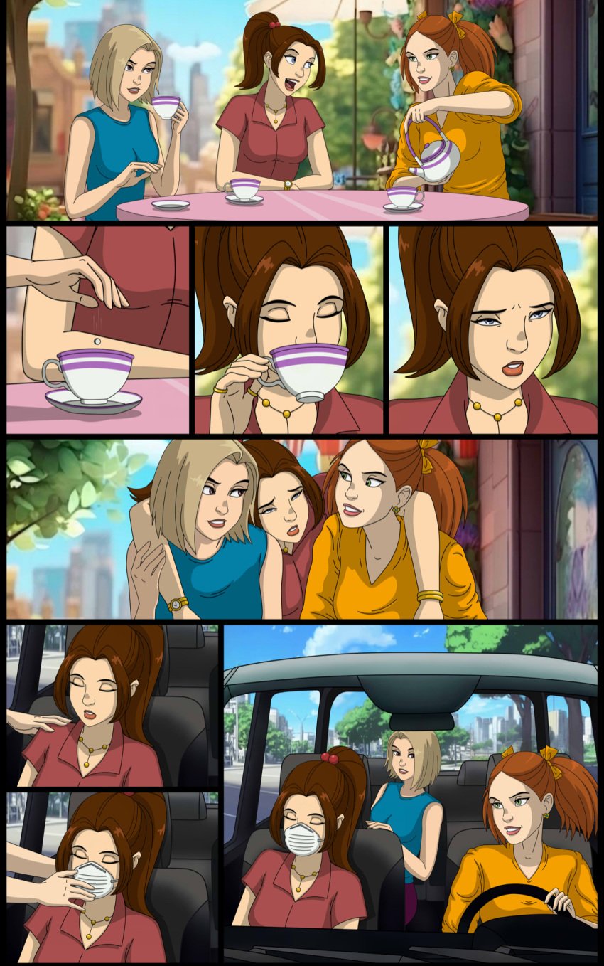 3girls blonde_female blonde_hair brown_hair carrying comic drinking drugged face_mask kidnapped kidnapping kitty_pryde marvel oc original_characters passed_out passing_out red_hair red_hair_female serisabibi x-men_evolution yuri