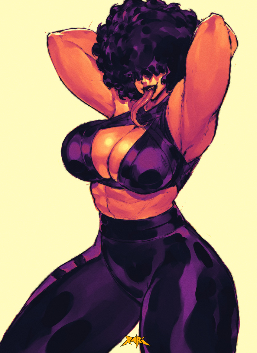 1female 1girls abs afro afro_hair armpit arms_behind_head arms_up big_ass big_breasts clothed clothing commission eyes_covered fangs female female_focus female_only hair_covering_eyes long_tongue monster_girl muscular muscular_female red_skin red_skinned_female smile spunkyramaz standing thick_thighs tongue_out