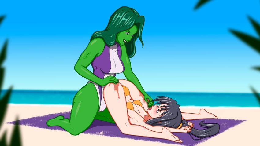 2girls akeno_himejima anoneysnufftan applying_sunscreen beach beach_towel bikini black_hair blush blush embarrassed female female_only green_hair green_skin high_school_dxd humiliation imminent_death jennifer_walters killer_lotion long_hair lotion marvel massage murder ocean oil oiled peril punishment rubbing sand seaside she-hulk sinfulline sky snuff summer sunbathing sunscreen swimsuit towel