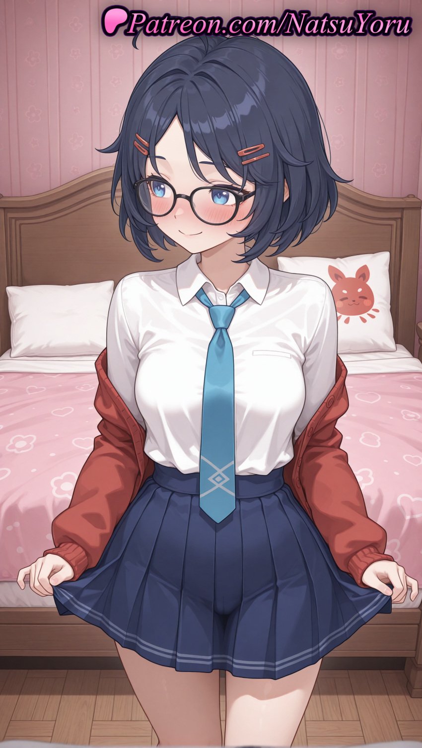 1girls ahoge ai_generated anime anime_style averting_eyes bangs bed bedroom black-framed_eyewear black_hair blouse blue_eyes blue_hair blue_necktie blue_skirt blush breasts bust busty cardigan closed_mouth collared_shirt female female_focus female_only glasses hair_clips hair_ornament hairclip hentai hi_res high_quality high_resolution highres indoors jacket large_breasts long_sleeves looking_at_viewer looking_away looking_to_the_side medium_breasts megane mila_(miside) miside mita_(miside) natsuyoru necktie off_shoulder on_bed open_cardigan open_clothes pillow pleated_skirt red_cardigan red_jacket school_uniform shirt shirt_tucked_in short_hair skirt skirt_hold skirt_lift smile solo solo_female tie voluptuous voluptuous_female white_shirt wooden_floor